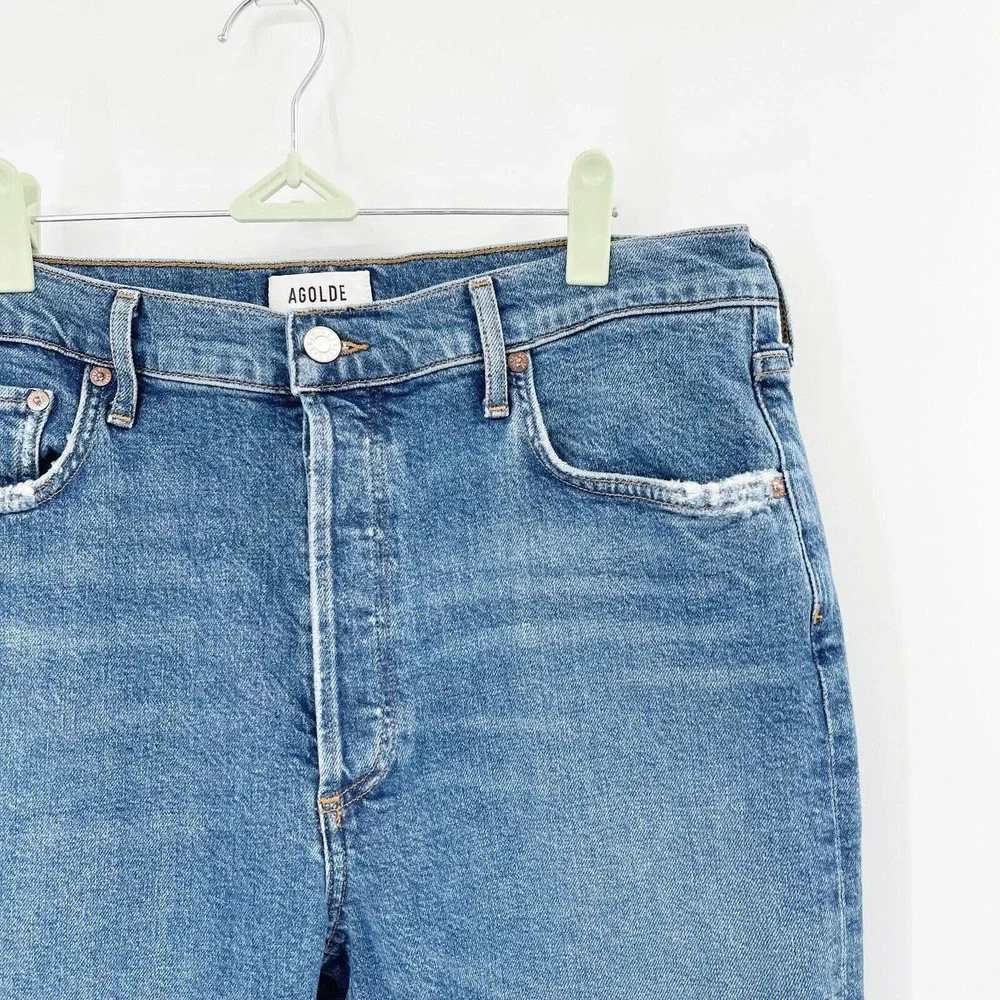 Agolde Riley Straight Crop Jeans Sz 32 Blue High Rise Button Fly Distressed - Picture 2 of 12
